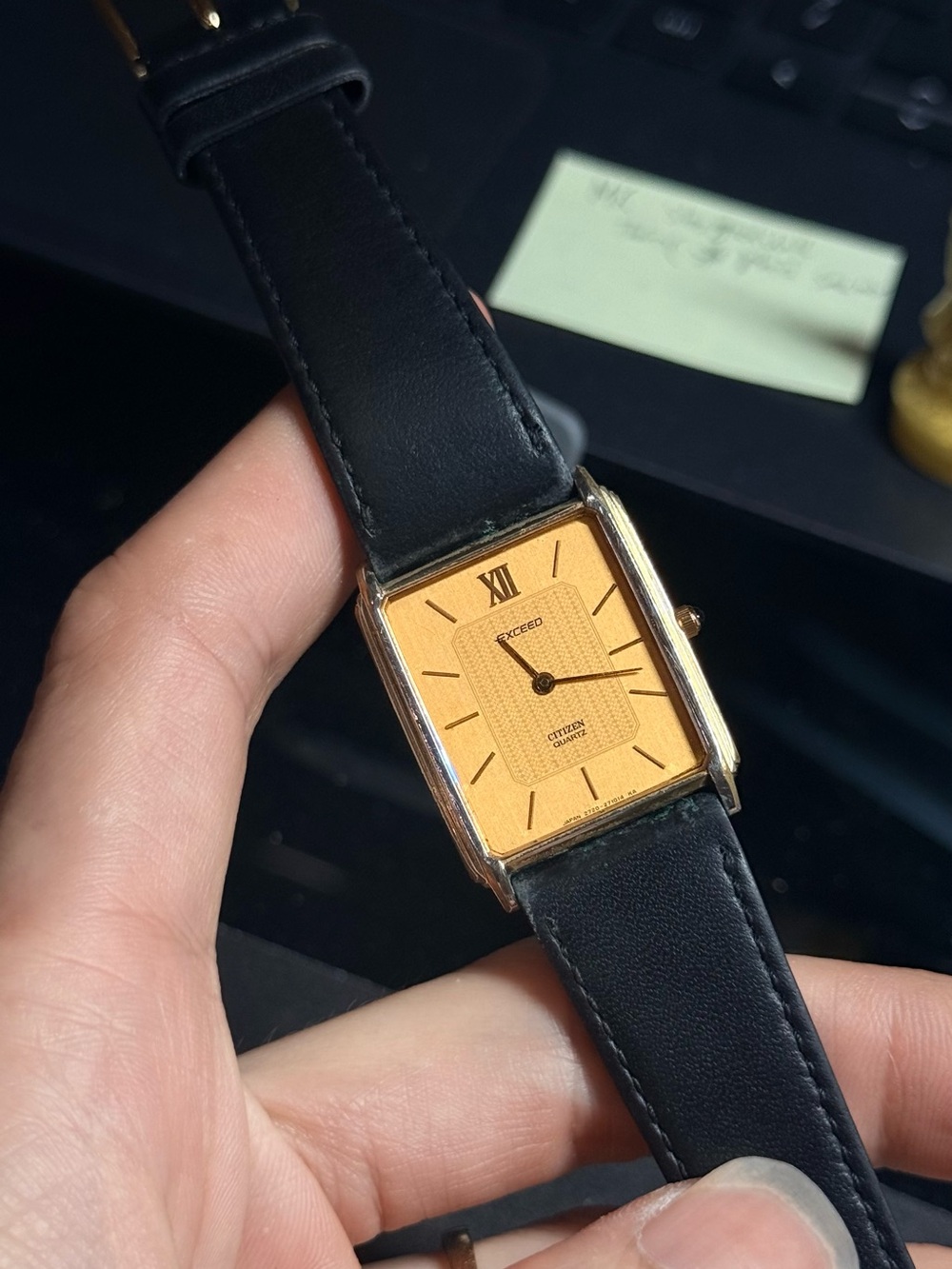 Citizen Gold-Tone Rectangular Watch with Black Leather Band